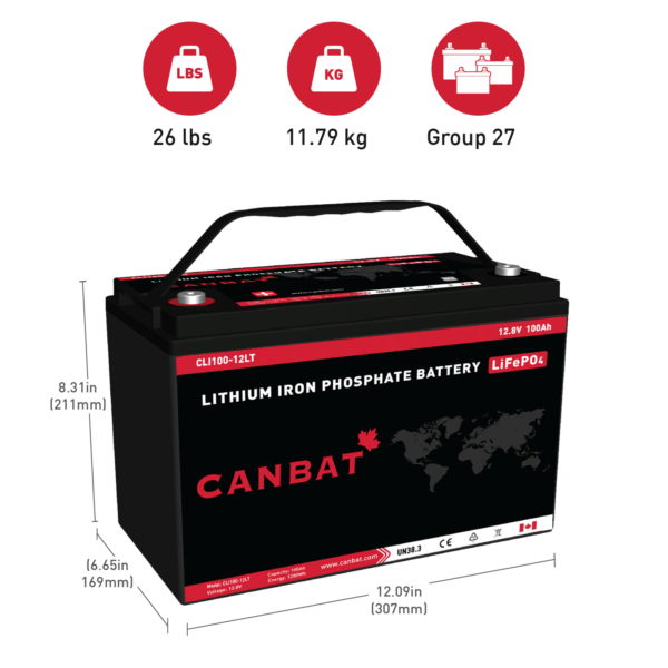 Canbat 12V 100Ah cold weather Lithium Battery Dimensions and Weight