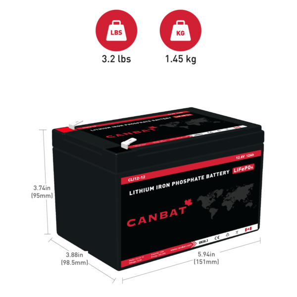 Canbat 12V 12Ah Lithium Battery Dimensions and Weight