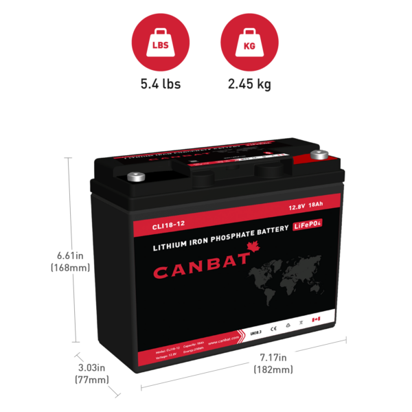 Canbat 12V 18Ah Lithium Battery Dimensions and Weight